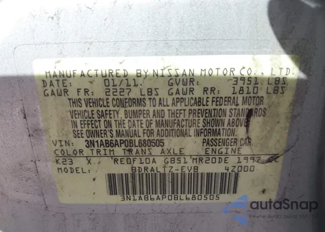 2011 Nissan Sentra 2.0Sr z USA, uszkodzony, nr VIN 3N1AB6AP0BL680505